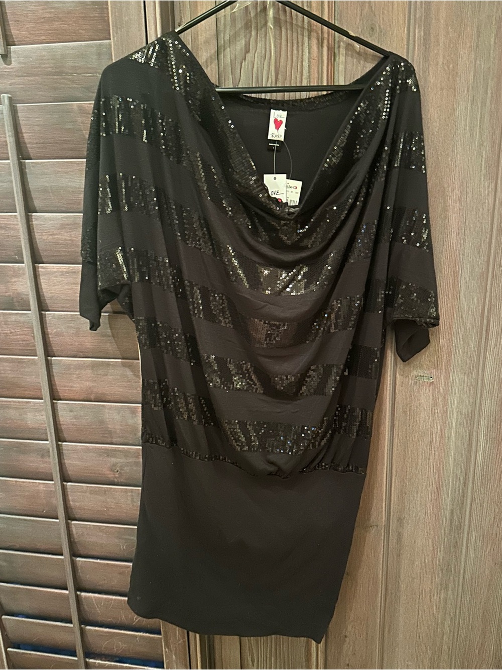 Black Sequin Stripe Cowl Neck Dress